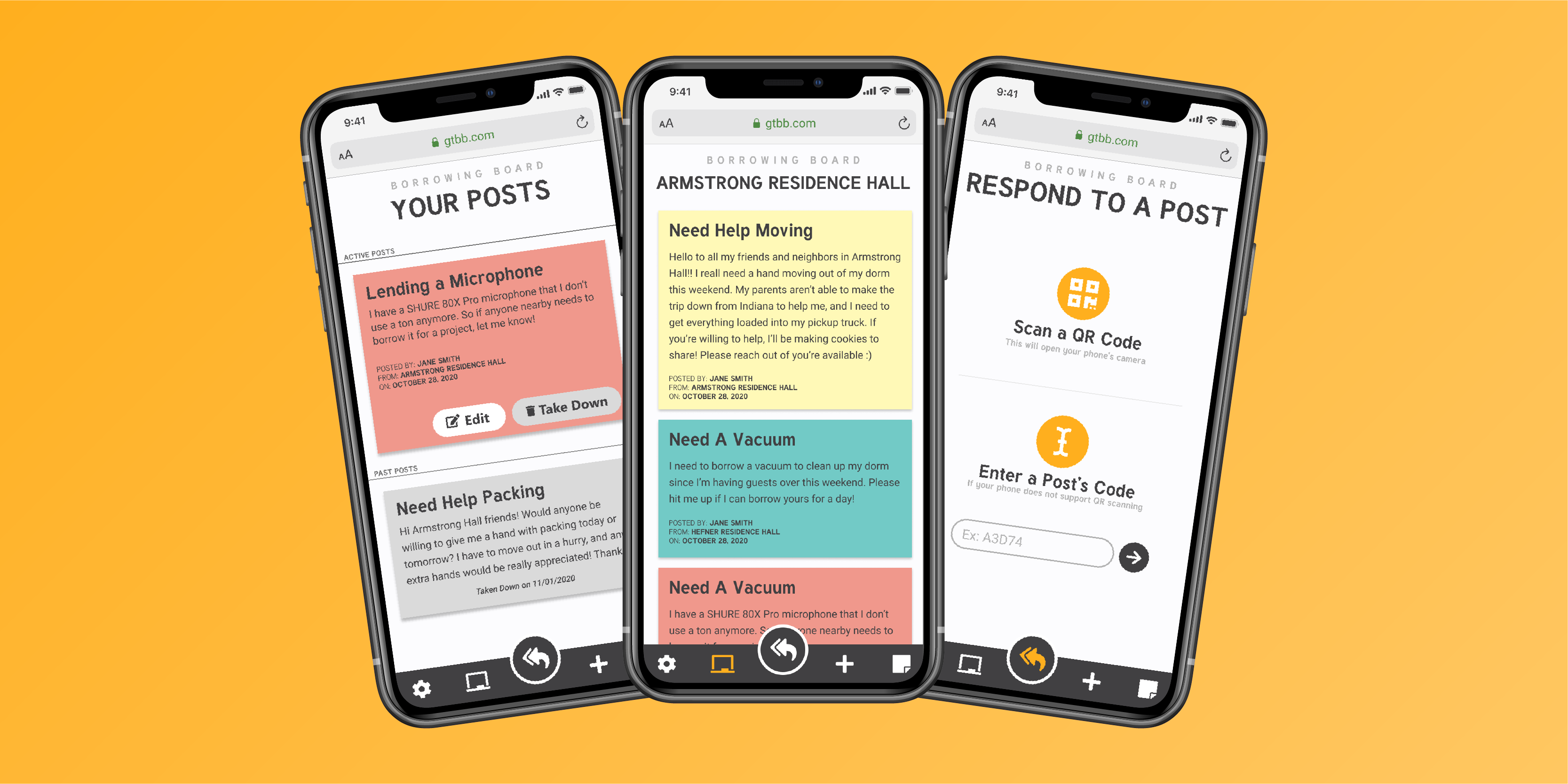Mockup of 3 screens of the Borrowing Board app