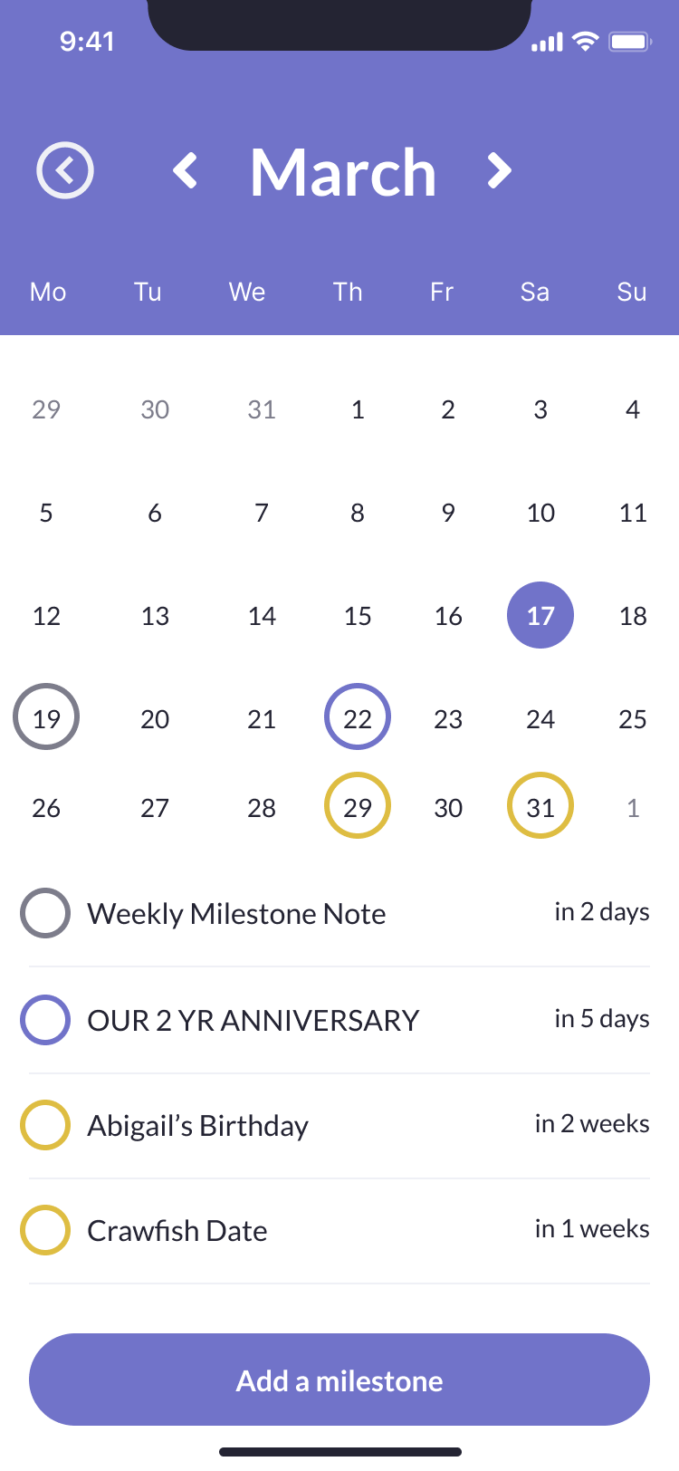 Shared milestone calendar screen with new milestone