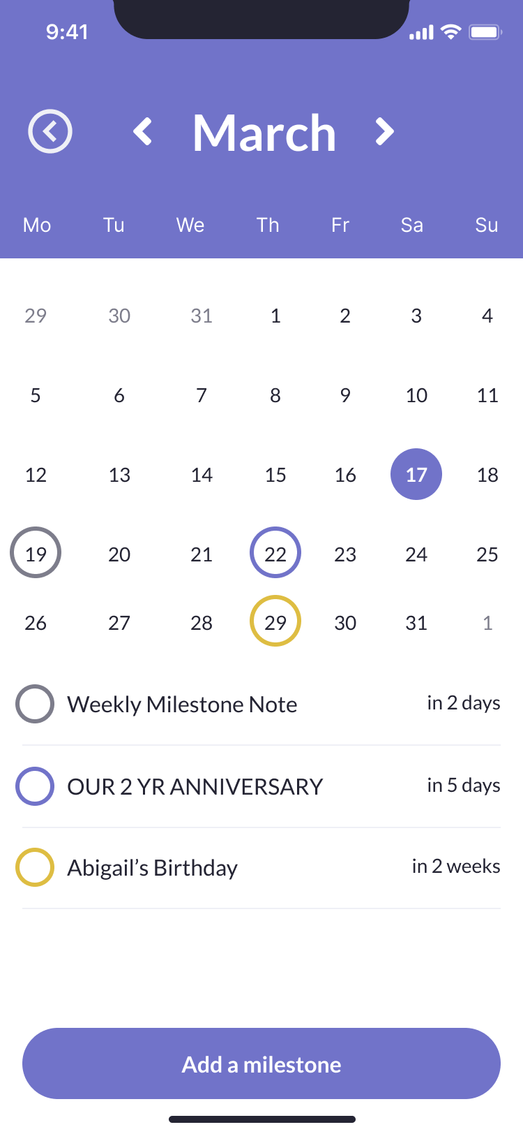 Shared milestone calendar screen