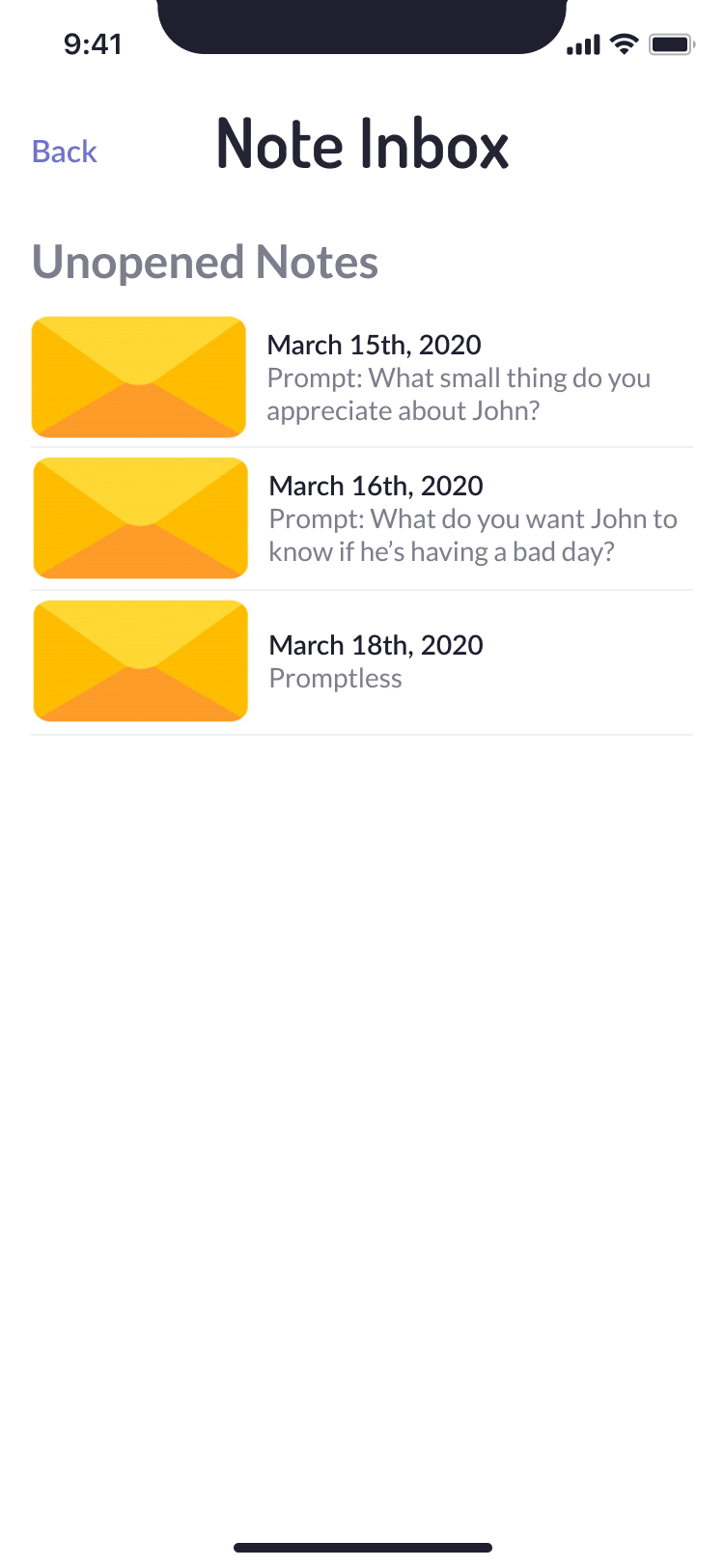 Inbox screen with unread notes