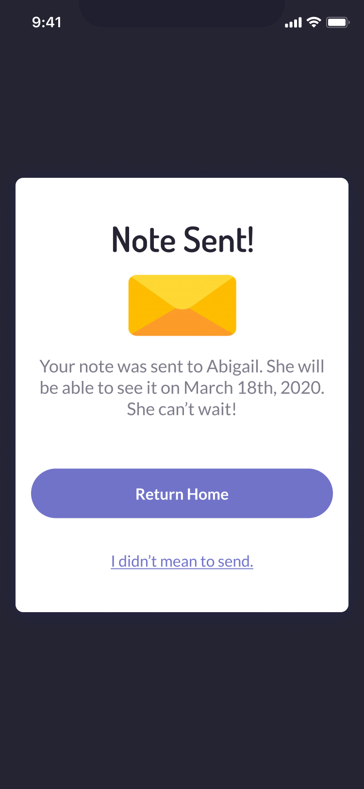 Note sent confirmation screen