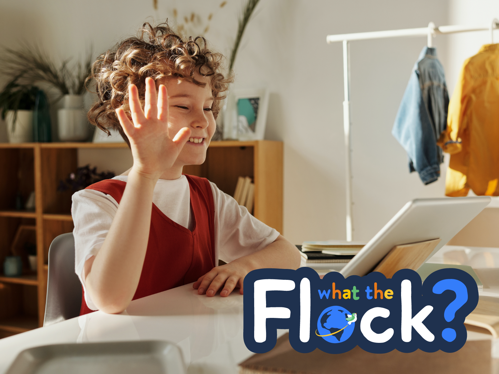 Young student on video call with What The Flock logo in corner